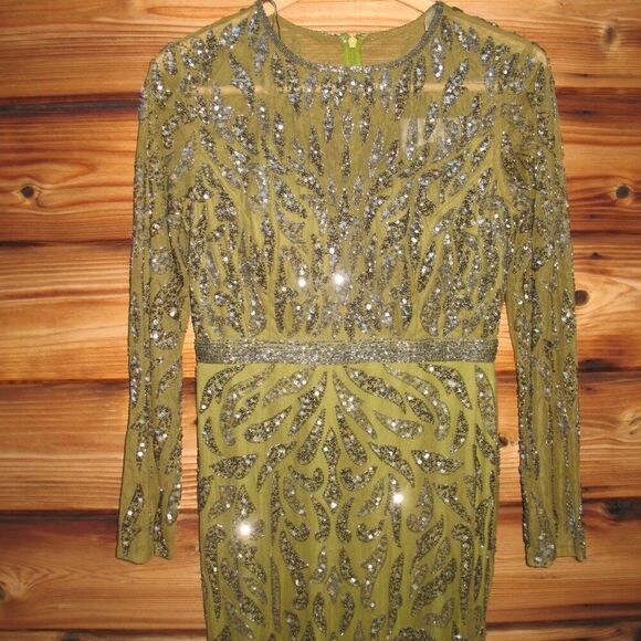 MAC DUGGAL 5124 Green Beaded Long Sleeve Evening Gown Size 6 - Picture 7 of 15